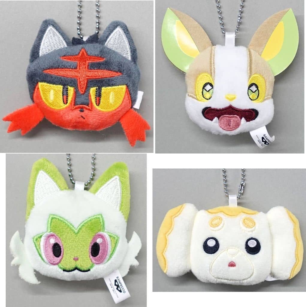 Litten, Yamper, Sprigatito & Fidough Face Plush Keychain Set - Banpresto Ball-Chain Face Plushies (Approx. 8cm) - Pokémon (Complete 4-Piece Set)