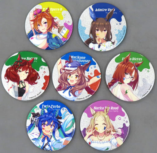 Umamusume Pretty Derby Glitter Can Badge 7-Piece Set Painter Style — NAMCO Promotion SECOND (Bandai Namco Amusement, 7× ø7cm, Pre-owned)