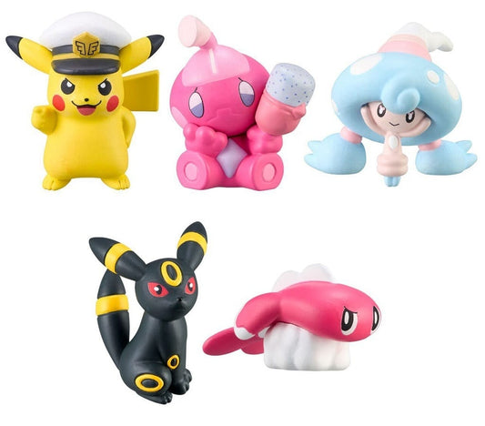 Pokémon Figure Collection 'New Adventure' Complete Set of 5 Figures (Bandai) — Captain Pikachu, Dot Kanu-chan, Teburimu, Umbreon, Sharitatsu (Drooping Form) — approx. 3cm — Used