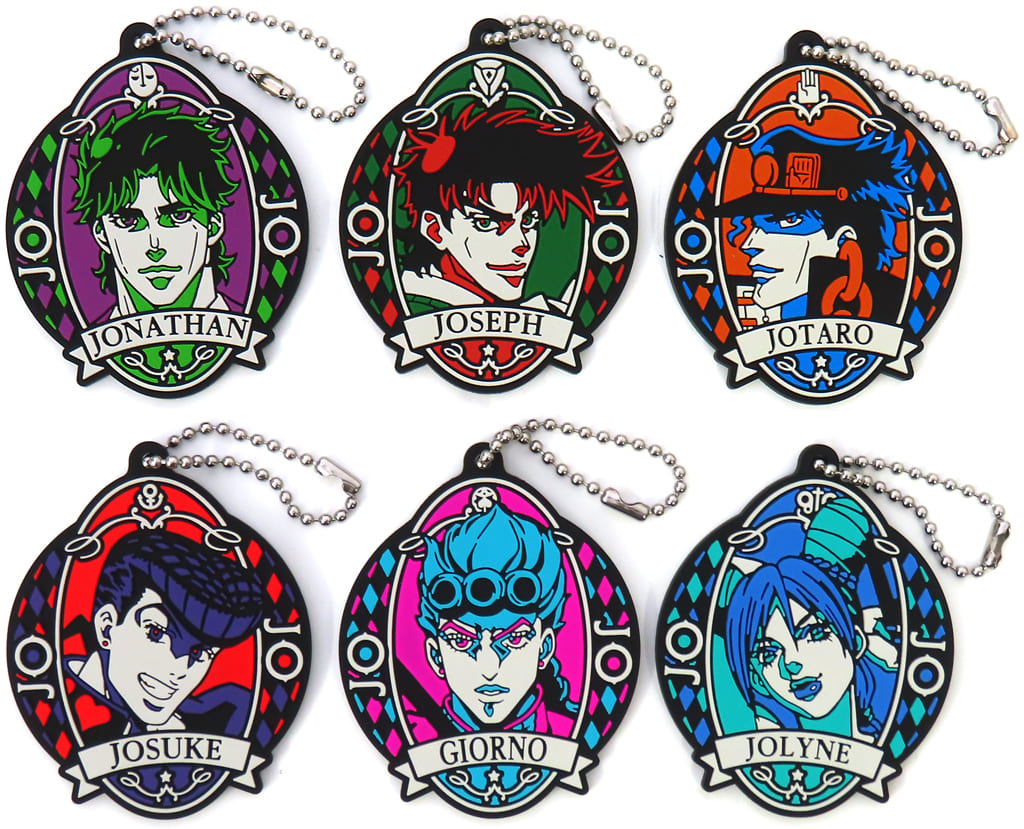 JoJo's Bizarre Adventure Rubber Mascot Flag Edition Complete Set of 6 Keychains by Bandai, Approx. 70 mm