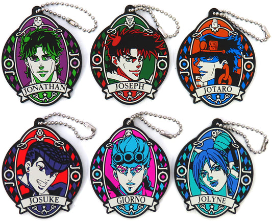 JoJo's Bizarre Adventure Rubber Mascot Flag Edition Complete Set of 6 Keychains by Bandai, Approx. 70 mm
