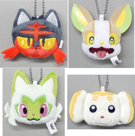 Litten, Yamper, Sprigatito & Fidough Face Plush Keychain Set - Banpresto Ball-Chain Face Plushies (Approx. 8cm) - Pokémon (Complete 4-Piece Set)