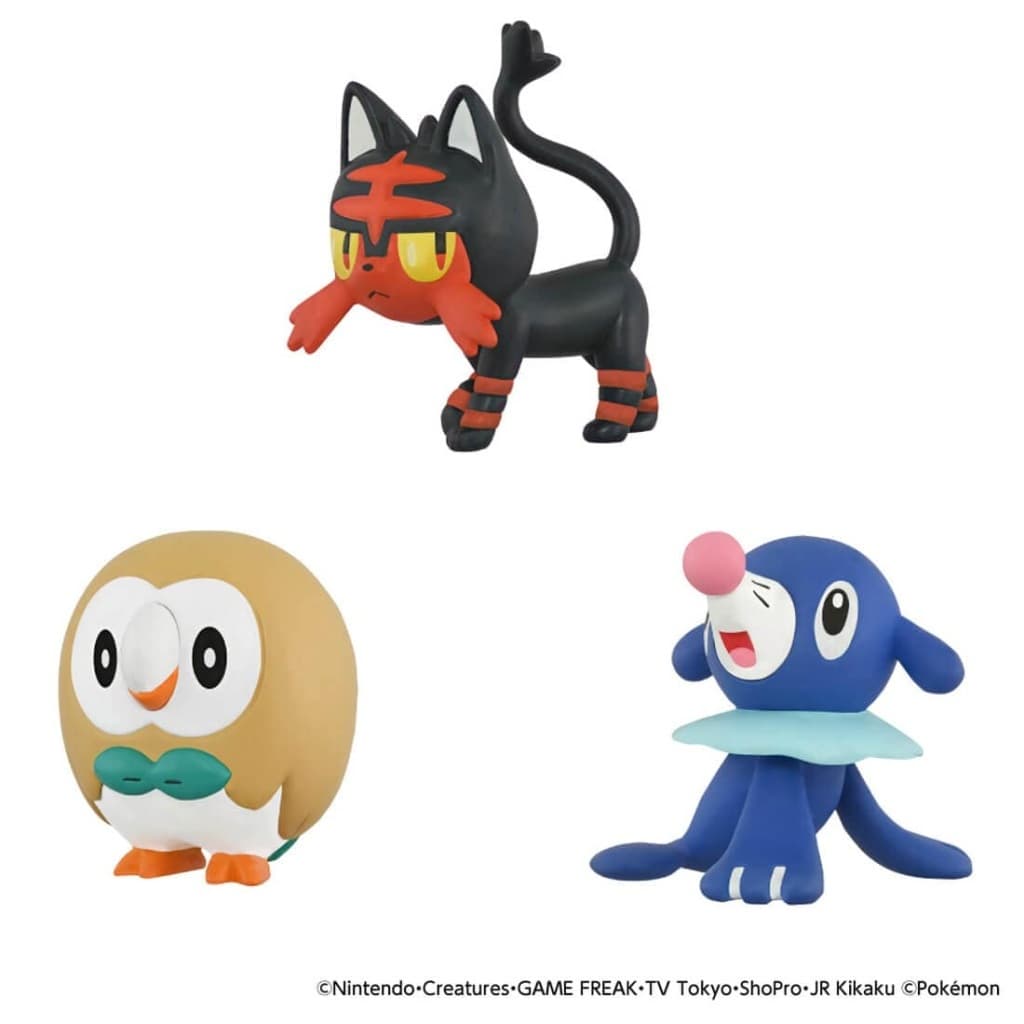 Rowlet, Litten & Popplio MonColle 30th Anniversary Starter Trio Set - Takara Tomy - Alola Region MonColle Figures (Used)