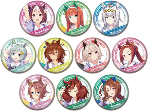 Umamusume Pretty Derby CAN Badge A — Complete 10-Character Can Badge Set (56mm) Hase-Pro / Bandai, Pre-owned