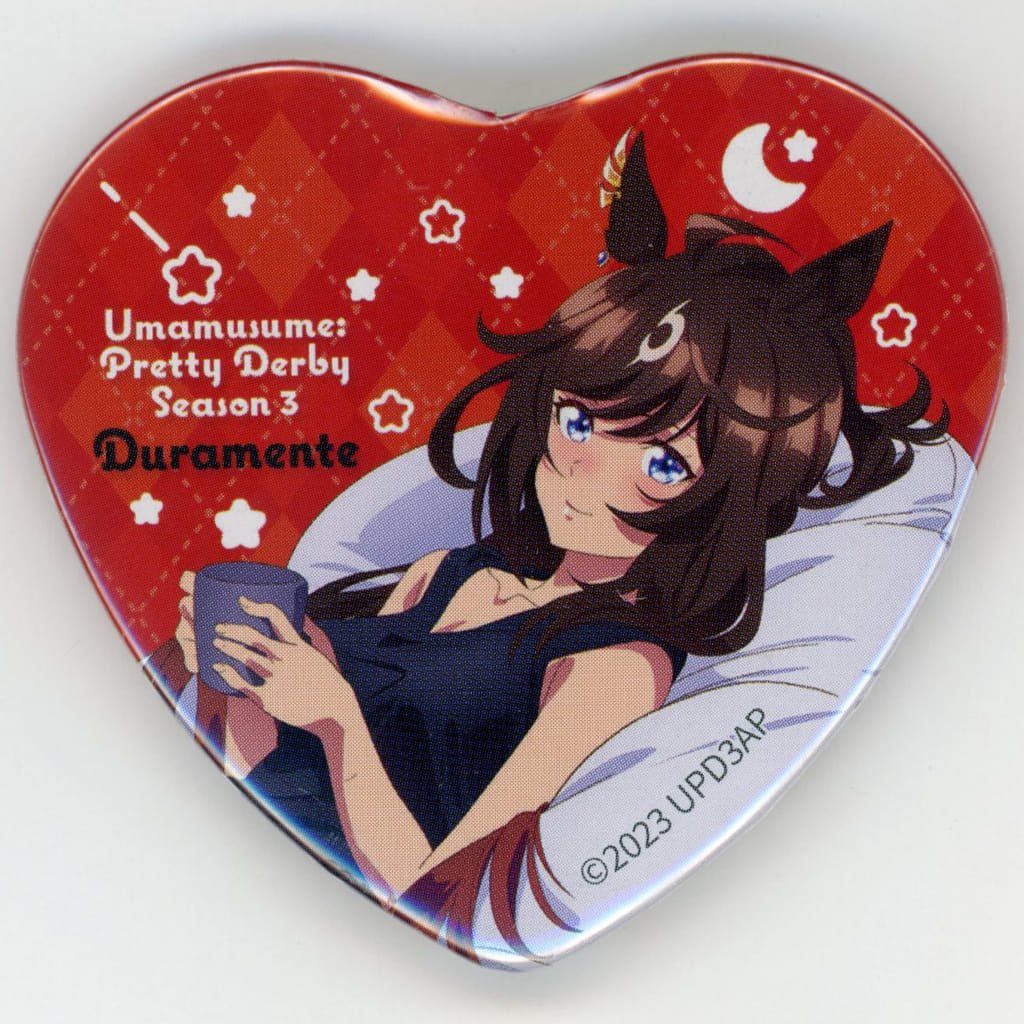 Duramente Heart Can Badge - Umamusume Pretty Derby Season 3 NAMCO Promotion “Relax time” Character Pop Store 57×52.5mm - Bandai Namco Amusement