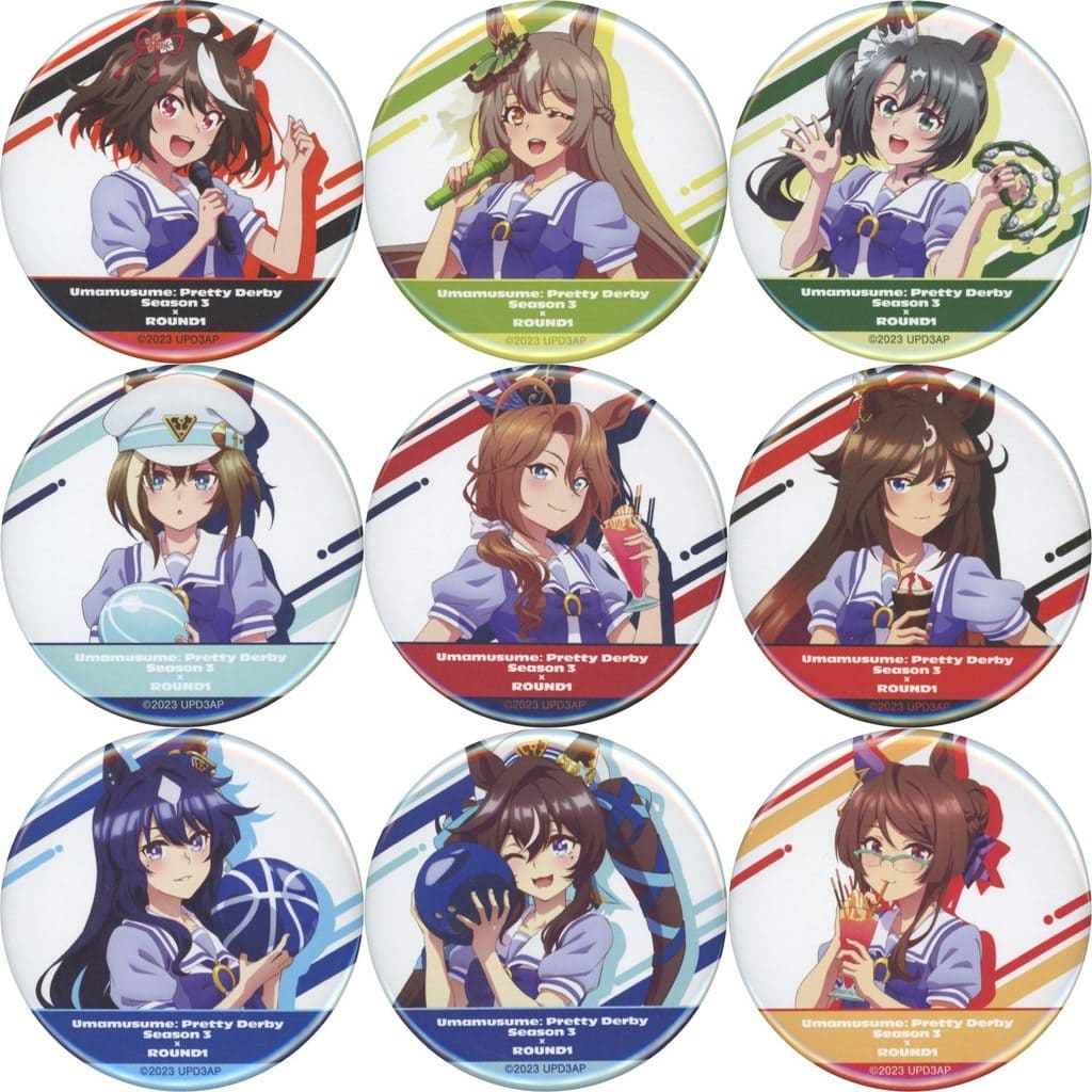 Umamusume Pretty Derby Season 3 × ROUND1 Trading Can Badge Full 9-Piece Set - Alma Bianca, 55mm (Pre-owned)