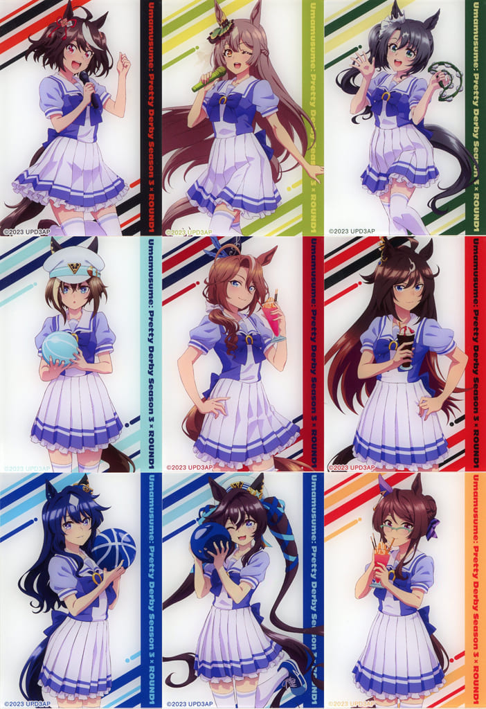 Umamusume Pretty Derby Season 3 × ROUND1 Trading Acrylic Card — Full 9-Card Set (Alma Bianca) — 80mm — Used