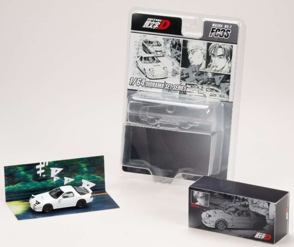 Initial D Ryosuke Takahashi Kyoichi Sudo RedSuns 1/64 Mazda RX-7 (FC3S) 4-Piece Diorama Set - Hobby Japan
